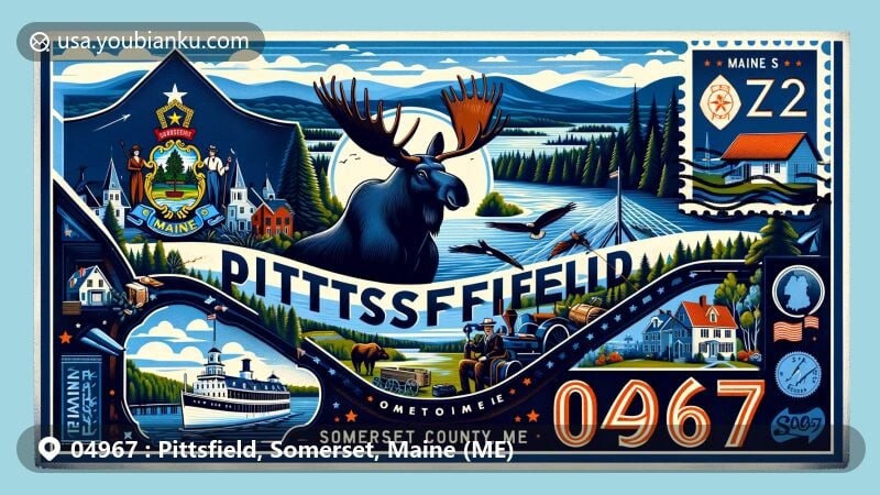 Modern illustration of Pittsfield, Somerset County, Maine, featuring Sebasticook River, Mason Park, Pittsfield Historical Society, Maine state flag elements, including moose, farmer, seaman, and North Star symbolizing state motto 'Dirigo', and Somerset County mountains, with postal theme of ZIP code 04967.
