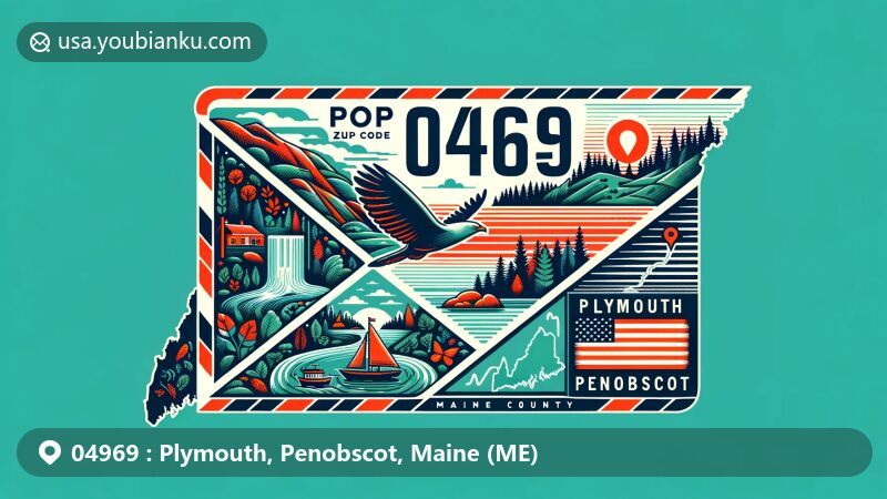 Creative illustration of Plymouth, Penobscot County, Maine, depicting postal theme with ZIP code 04969, featuring airmail envelope and local symbols like Penobscot River.