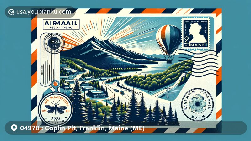 Modern illustration of Coplin Plantation, Maine, showcasing natural beauty and outdoor activities like Saddleback Mountain ski area and Appalachian Trail, integrated with a design of an airmail envelope featuring postal elements and ZIP Code 04970.