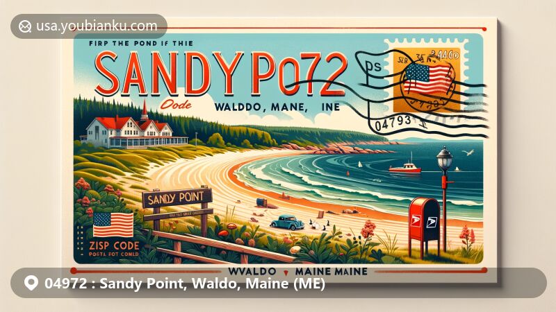 Postcard illustration of Sandy Point, Waldo County, Maine, showcasing natural beauty with Sandy Point Beach and Penobscot River, featuring vintage Maine flag stamp and postal theme with ZIP code 04972, including red mailbox and vintage postal truck.