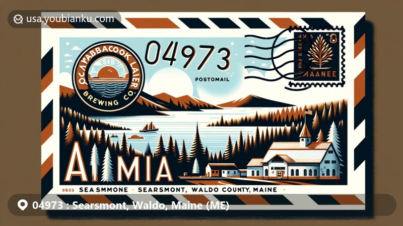Modern illustration of Searsmont, Waldo County, Maine, showcasing postal theme with ZIP code 04973, featuring Quantabacook Lake, St. George River, and lumbering heritage.