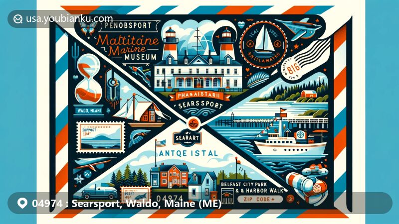 Modern illustration of Searsport, Waldo, Maine, featuring Penobscot Marine Museum, Searsport Antique Mall, Sears Island's nature, and Belfast City Park & Harbor Walk, with postal elements like stamps, postmarks (ZIP code 04974), mailbox, and mail truck.