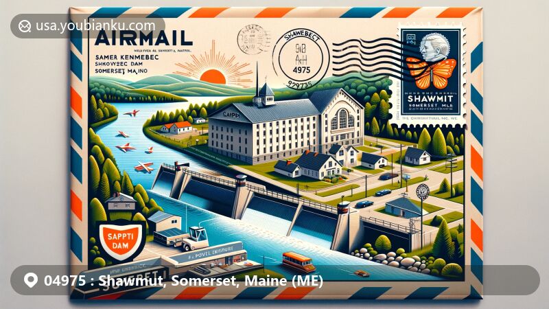 Modern illustration of Shawmut, Somerset, Maine, featuring scenic beauty of Kennebec River and Shawmut Dam, Sappi Somerset Mill's economic significance, and historic Connor-Bovie House, with postal elements like stamps, postmarks, ZIP Code '04975', mailboxes, and mail van.