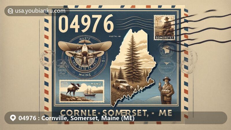Vintage-style illustration featuring Maine state flag, symbolizing agriculture and the sea, Somerset County outline, Cornville postage stamp capturing town's charm, 04976 - Cornville, Somerset, ME.