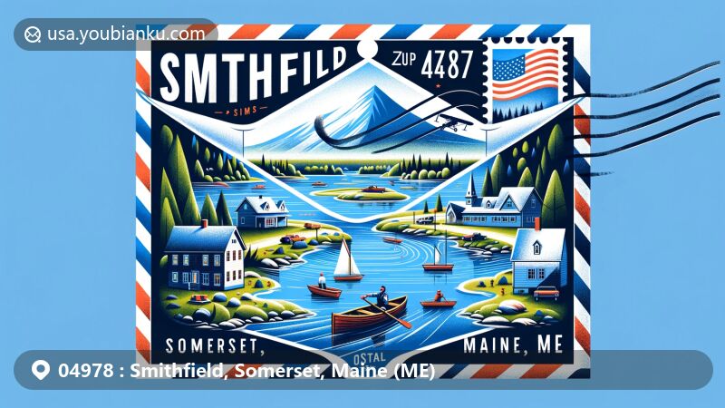 Modern illustration of Smithfield, Somerset County, Maine, showcasing postal theme with ZIP code 04978, featuring scenic ponds and Maine state flag.