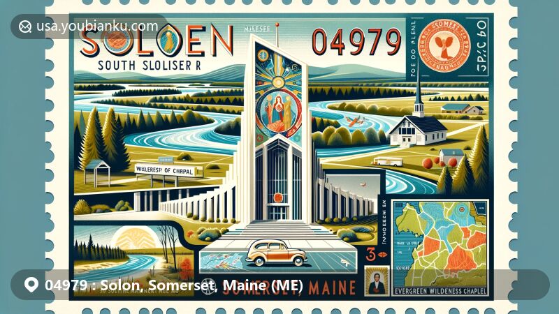 Modern illustration of Solon, Somerset, Maine, featuring South Solon Meeting House with 1950s frescos, Evergreen Wilderness Chapel, natural beauty of rivers and wildlife, and postal theme with ZIP code 04979.