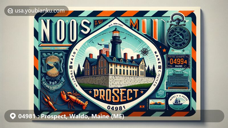 Modern illustration of Prospect, Waldo County, Maine, featuring Fort Knox and iconic Maine symbols like pine trees, lobster, and lighthouse, with subtle incorporation of the state flag.