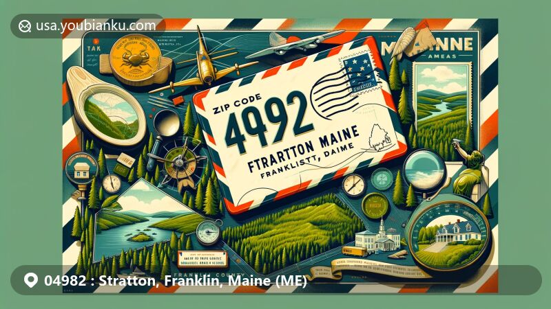 Modern illustration of Stratton, Franklin County, Maine, showcasing postal theme with ZIP code 04982, featuring lush pine trees, topographic map outline, scenic Carrabassett Valley, state flag, and lobster symbol.