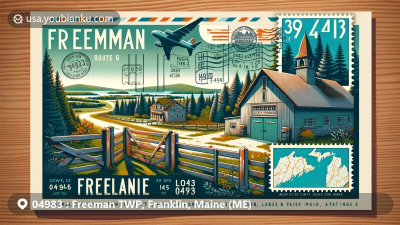 Vibrant illustration of Freeman TWP, Franklin County, Maine, showcasing scenic postcard design with Route 145, 'Barn on Lot 8, Range G,' lakes, and ZIP code 04983.