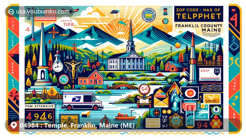 Modern illustration of Temple, Franklin County, Maine, showcasing natural beauty with mountain ranges, lakes, and rural charm, featuring cultural symbols from English, French, Irish, and American heritage, and postal elements like postcards, envelopes, stamps, a postal truck, and a mailbox.