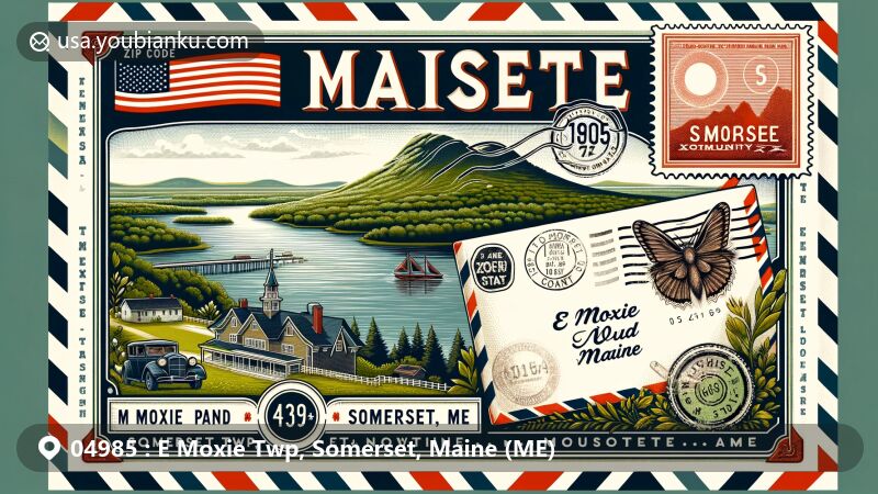 Modern illustration of E Moxie Twp, Somerset, Maine (ME), showcasing vintage airmail envelope with Moxie Pond, East shoreline, Mosquito Mountain, Maine state flag, Somerset County outline, artistic postage stamp, and '04985' ZIP code.