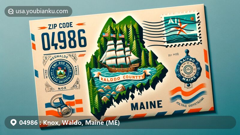 Modern illustration of Knox, Waldo County, Maine, showcasing postal card design with ZIP code 04986, featuring Fort Knox State Park, Privateer Brigantine DEFENCE Shipwreck, and Maine state flag symbols.