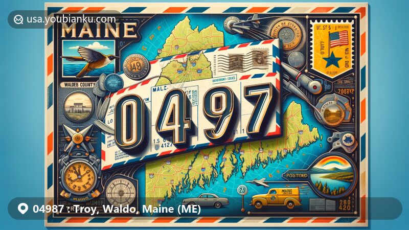 Modern illustration of Troy, Waldo County, Maine, highlighting postal theme with ZIP code 04987, featuring iconic Maine symbols and vintage postal elements.