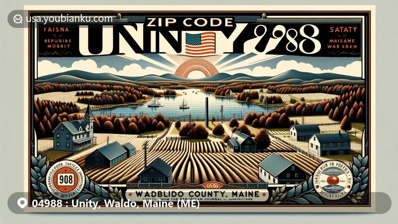 Modern illustration of Unity, Waldo County, Maine, capturing the scenic view of Unity Pond on a vintage postcard design, featuring Maine state flag, rural farmlands, and zip code 04988.