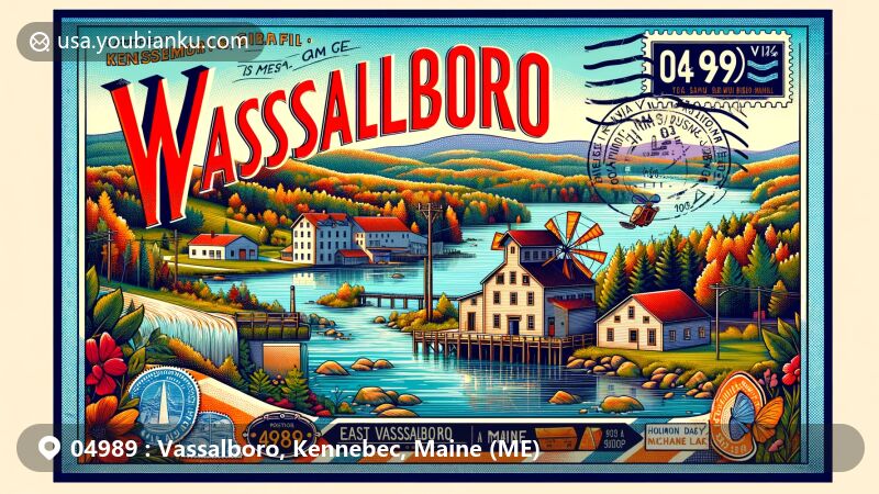 Modern illustration of Vassalboro, Maine, showcasing postal theme with ZIP code 04989, featuring Kennebec River, China Lake, East Vassalboro Grist and Saw Mill, and cultural references to Holman Day and Charles H. Nichols.