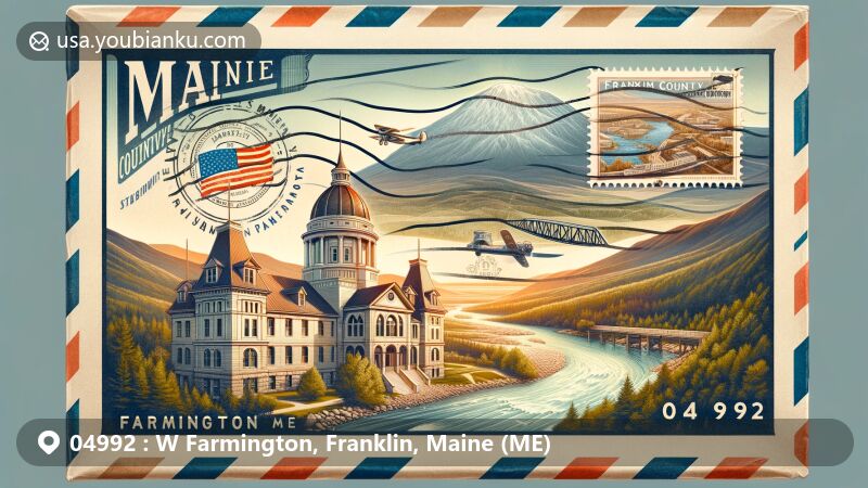 Vibrant illustration of W Farmington, Franklin County, Maine (ME), capturing the essence of ZIP code 04992 with vintage airmail envelope, Franklin County Courthouse, Sandy River, Sugarloaf Mountain, Maine state flag stamp, and 'W Farmington, ME 04992' postmark.
