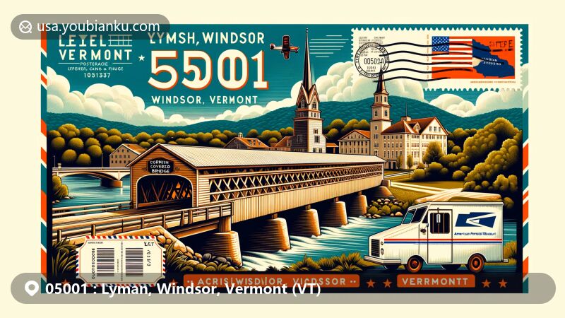 Detailed illustration of Lyman area in Windsor, Vermont, with landmarks like Cornish–Windsor Covered Bridge and American Precision Museum, showcasing lush greenery, rolling hills, and Vermont state symbols.