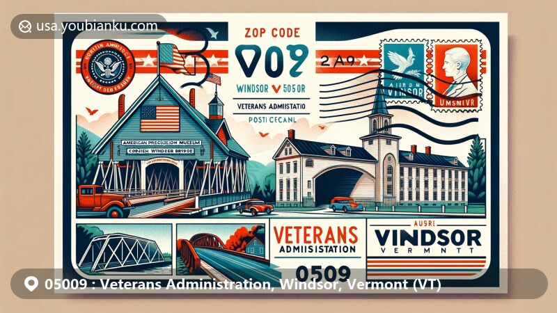 Modern illustration of 05009 ZIP code area in Veterans Administration, Windsor, Vermont, featuring American Precision Museum, Cornish-Windsor Covered Bridge, and Old Constitution House in a vintage postal theme.