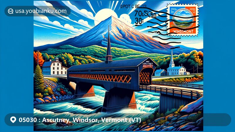Modern illustration of Ascutney, Windsor, Vermont (VT), showcasing Cornish-Windsor Covered Bridge and Mount Ascutney against a backdrop of Vermont state flag and postal elements, including ZIP code 05030.
