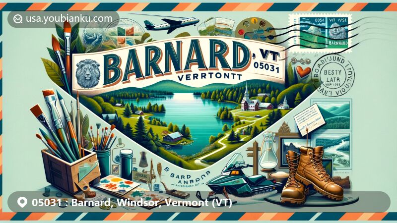 Modern illustration of Barnard, Vermont (VT) with ZIP code 05031, featuring Silver Lake State Park and symbols of arts, culture, and outdoor activities.