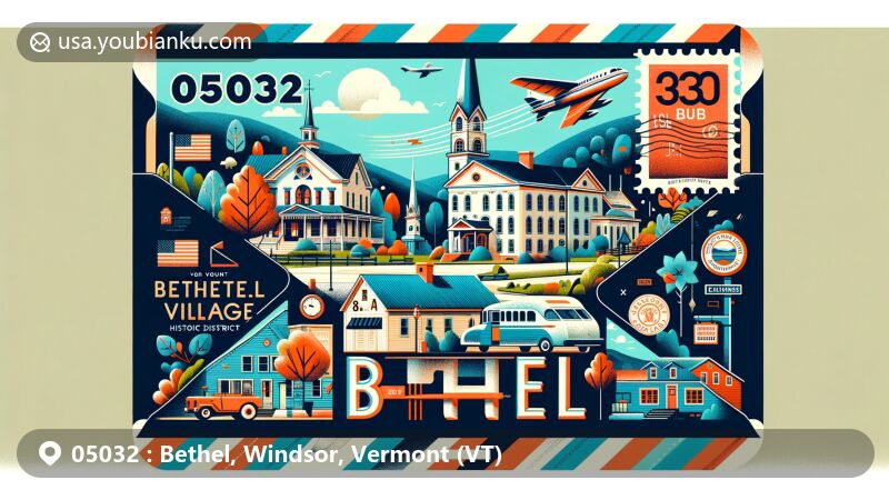 Illustration of Bethel, Vermont showcasing ZIP code 05032 in a vibrant airmail envelope design featuring key landmarks like Bethel Village Historic District, Gate of the Hills, and Harrington House, with postal elements like stamps and postmarks.
