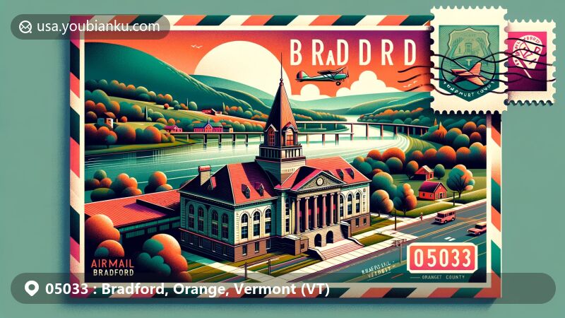 Modern illustration of Bradford, Orange County, Vermont, featuring postal theme with ZIP code 05033, showcasing Bradford Public Library and typical American rural landscape.