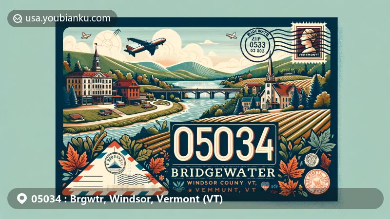 Modern illustration of Bridgewater, Windsor County, Vermont, capturing the essence of a typical New England town with rolling hills, historical buildings, and iconic maple leaf symbol, set in a vintage airmail envelope design with prominent ZIP code 05034 and postal elements.