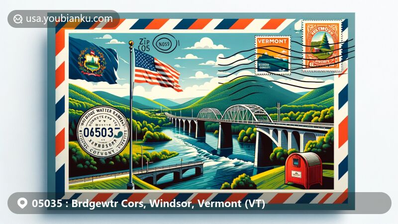 Modern illustration of Bridgewater Corners, Windsor County, Vermont, resembling an air mail envelope, featuring Vermont state flag, Bridgewater Corners Bridge over Ottauquechee River, green mountains, and postal elements with ZIP code 05035.