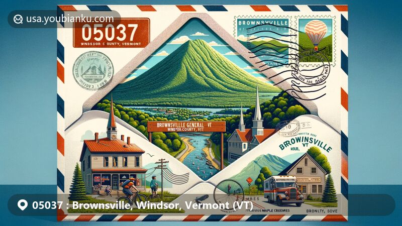 Vintage illustration of Brownsville, Windsor County, Vermont, showcasing Mount Ascutney State Park, Brownsville Trail Network, and Brownsville General Store, with postal theme and ZIP code 05037.