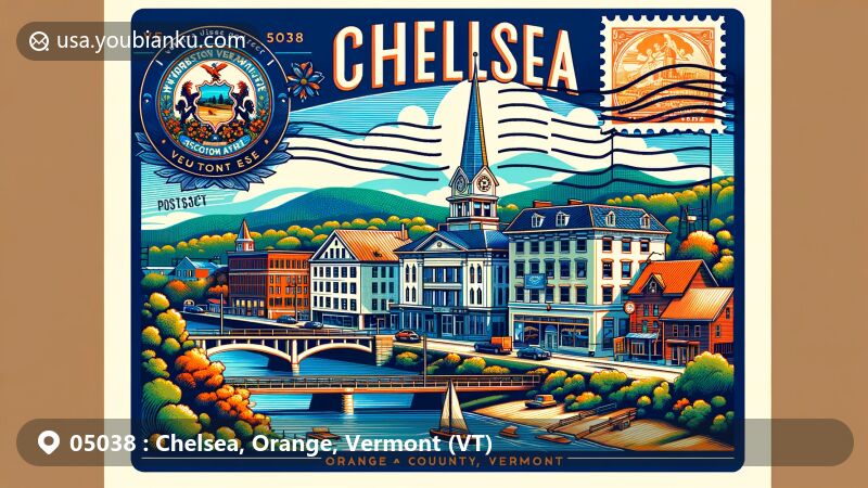Modern illustration of Chelsea, Orange County, Vermont, VT, featuring Chelsea Historic District, river valley landscape, First Branch of White River, Vermont state flag with 'Freedom and Unity' motto, and postal elements including postage stamp, postmark, and ZIP code 05038.
