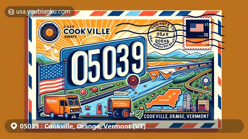 Modern illustration of Cookville, Orange County, Vermont, showcasing postal theme with ZIP code 05039, featuring Vermont state flag, county map outline, and Cookville landmarks.