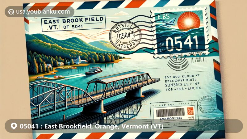 Modern illustration of East Brookfield, VT, showcasing postal theme with ZIP code 05041, featuring Brookfield Floating Bridge and Sunset Lake in vibrant colors.