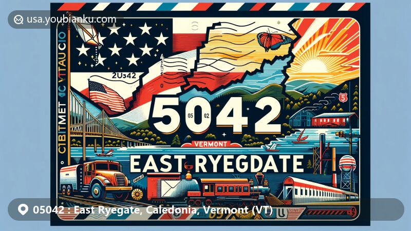 Modern illustration of East Ryegate, Caledonia County, Vermont, showcasing postal theme with ZIP code 05042, featuring Vermont state flag. Vibrant design includes iconic town landmarks like Connecticut River and U.S. Route 5.