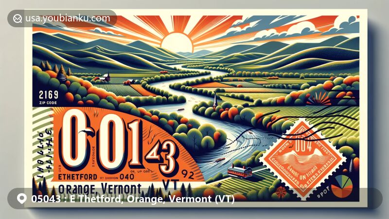 Modern illustration of E Thetford, Orange, Vermont, capturing rural beauty with rolling hills and rivers, in a vintage postcard style featuring postal elements and ZIP code 05043.