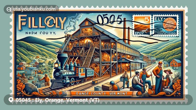 Modern illustration of Ely, Orange County, Vermont, showcasing postal theme with ZIP code 05045, featuring historic Ely Copper Mine scenes and airmail envelope design.