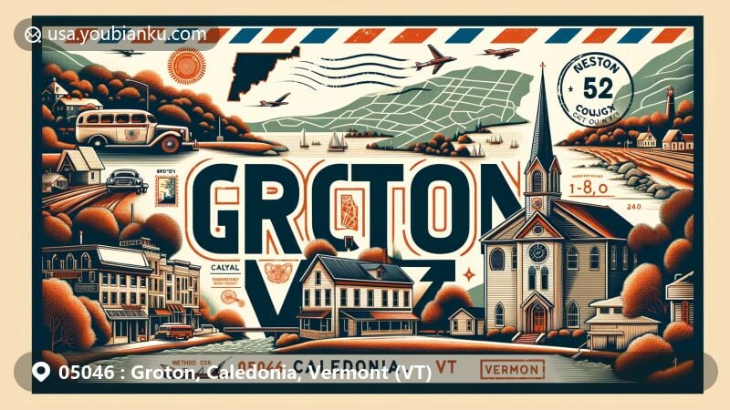 Vintage illustration of Groton, Caledonia County, Vermont, capturing postal theme with ZIP code 05046, featuring J.R. Darling Store, Post Office, Methodist Church, Wells River, Groton State Forest, and Vermont state flag.