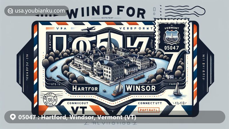 Vintage illustration of Hartford and Windsor in Vermont, showcasing Windsor Village Historic District, White River, Connecticut River, Vermont state flag, postal elements, and ZIP code 05047.