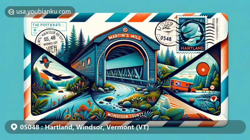 Creative illustration of Hartland, Windsor County, Vermont, showcasing postal history with ZIP code 05048, featuring Martin's Mill Covered Bridge, Eshqua Bog Natural Area, vintage stamp, postmark, mailbox, and delivery vehicle.