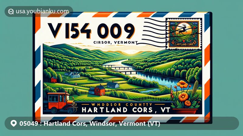 Modern illustration of Hartland Cors, Windsor County, Vermont, showcasing postal theme with ZIP code 05049, featuring lush green landscapes, rolling hills, tranquil river, and Vermont state flag silhouette.