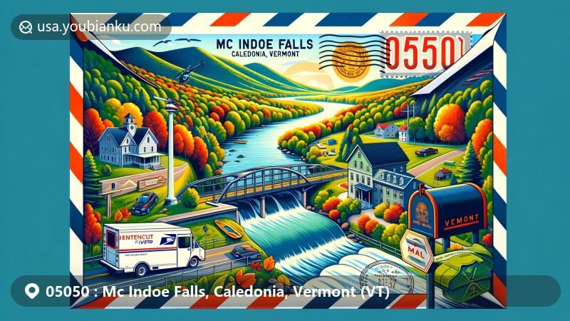 Artistic illustration of Mc Indoe Falls, Caledonia County, Vermont, featuring scenic view of Connecticut River, lush greenery, autumn foliage, Vermont state flag, postal elements, and classic mailbox and mail truck.