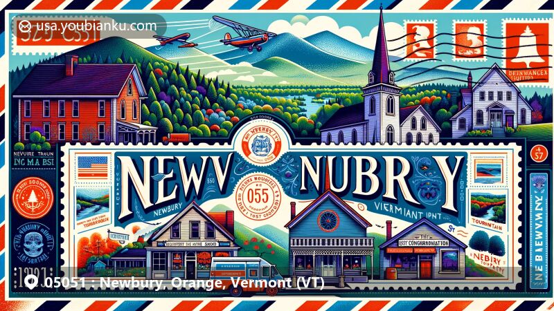 Modern illustration of Newbury, Vermont, showcasing historic Newbury Village Store, Tucker Mountain Town Forest, and First Congregational Church, with postal elements like stamps, '05051' postmark, mailbox, and mail van.