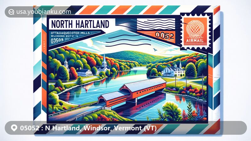 Modern illustration of North Hartland, Windsor County, Vermont, featuring scenic beauty with North Hartland Lake, historic Willard Twin Arches Bridge, and Ottauquechee Woolen Mill, highlighting postal theme with ZIP code 05052.