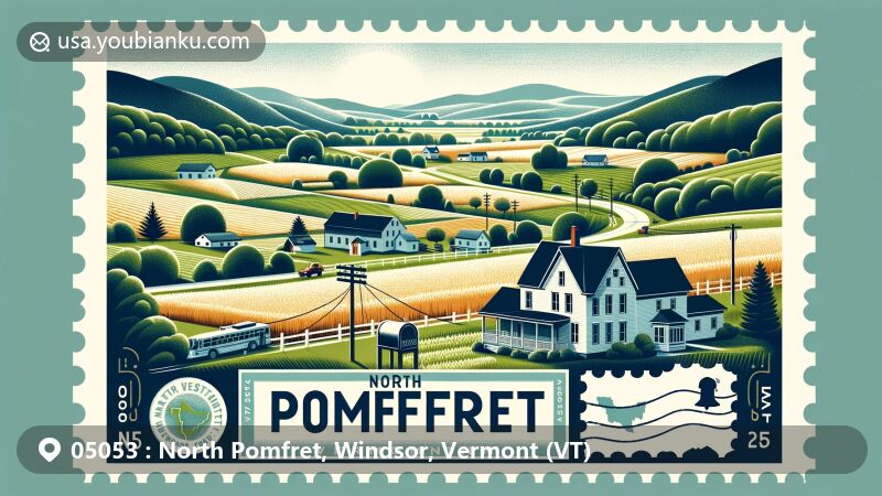 Modern illustration of North Pomfret, Vermont, featuring scenic beauty and postal theme, showcasing stamp design with 'North Pomfret, VT 05053' and elements like postmarks, mailbox, and map.