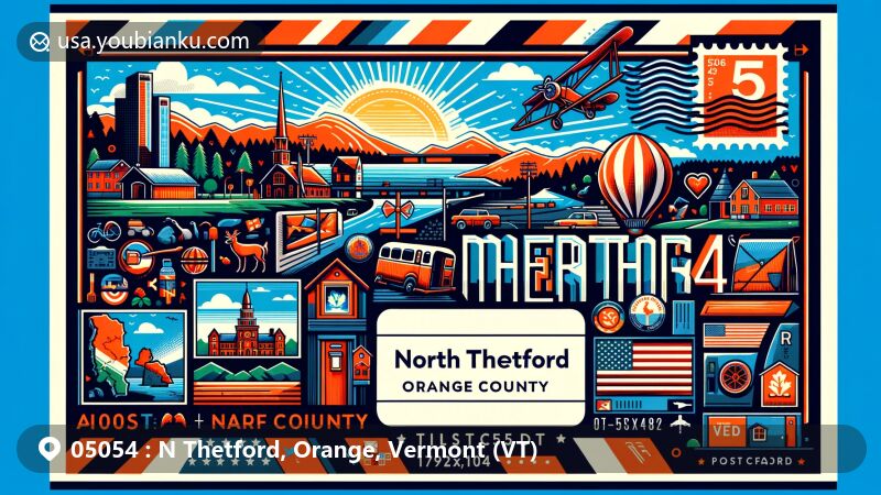 Modern illustration of North Thetford, Orange County, Vermont, showcasing iconic state elements and local landmarks, featuring Connecticut River and traditional New England scenery, with postal theme including postage stamp and postmark with ZIP code 05054.
