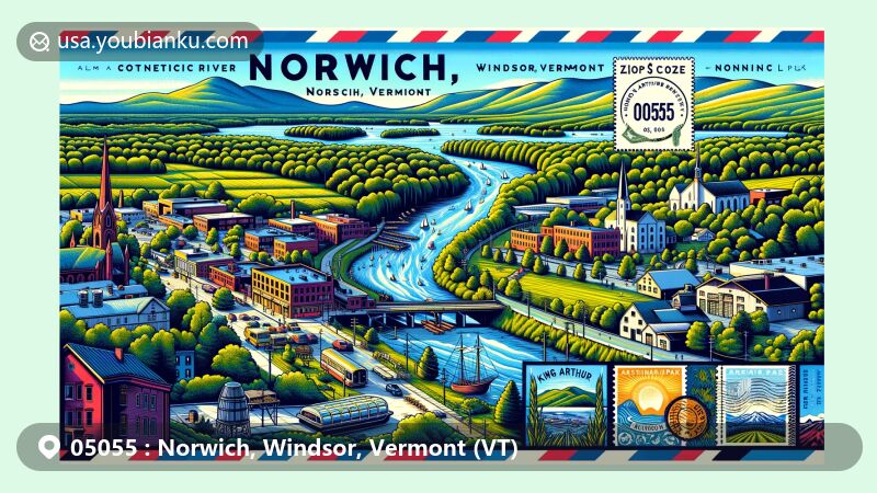 Modern illustration of ZIP code 05055, showcasing picturesque landscape of Norwich, Windsor, Vermont with Connecticut River, hills, Griggs Mountain, Gile Mountain, Main Street, historical sites, King Arthur Baking Company, Farmers Market, Artisans Park elements, postal theme with stamps and postmark.