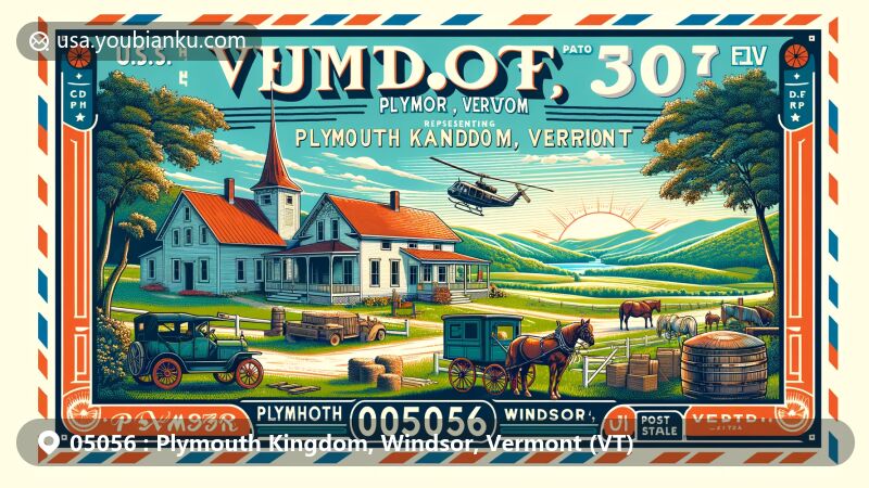 Modern illustration of Plymouth Kingdom, Windsor, Vermont, representing U.S. ZIP Code 05056, featuring iconic elements like Calvin Coolidge Homestead, Plymouth Cheese Factory, and vintage agricultural scenes.