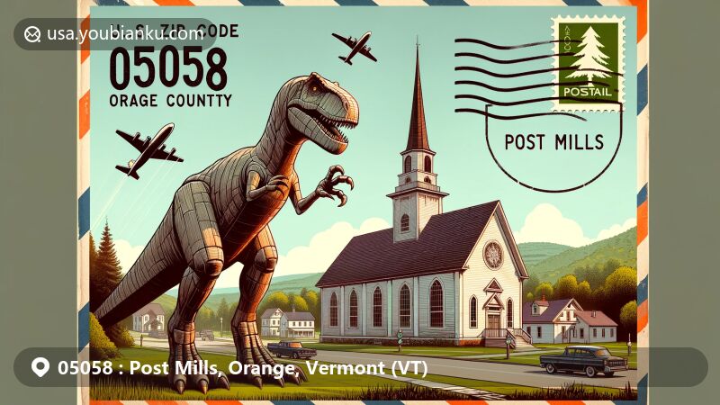 Modern illustration of Post Mills, Orange County, Vermont, showcasing Vermontasaurus wooden dinosaur sculpture, historic Post Mills Church, picturesque countryside, and vintage postal elements with ZIP code 05058.