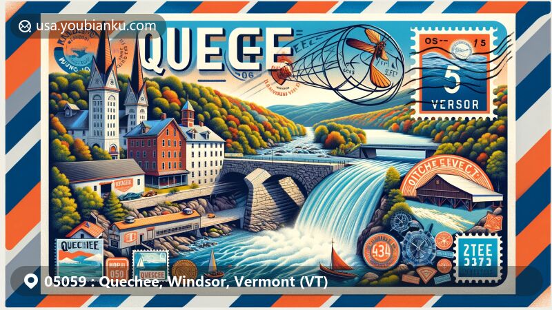 Creative depiction of Quechee, Windsor County, Vermont, inspired by postal theme with ZIP code 05059, featuring Quechee Gorge, Historic Mill District, Covered Bridge, and Dam Falls.
