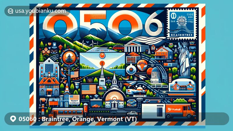 Illustration of Braintree, Orange County, Vermont, showcasing postal theme with ZIP code 05060, featuring iconic Vermont symbols and Braintree landmarks.