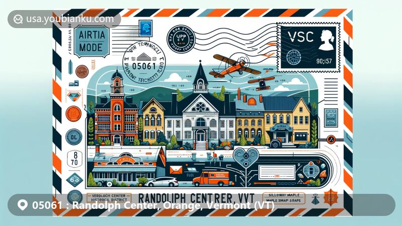 Modern illustration of Randolph Center, Orange, Vermont, showcasing historic district, Vermont Technical College, and Silloway Maple, a maple syrup and ice cream destination, in a wide air mail envelope design with ZIP Code 05061.